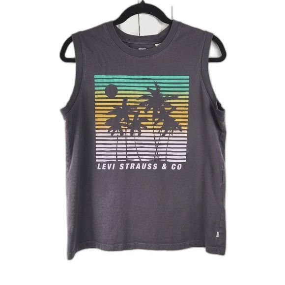 Levis Sleeveless TShirt Top Water Less Grey Charcoal Cotton Graphic Print Tank M - Picture 1 of 10